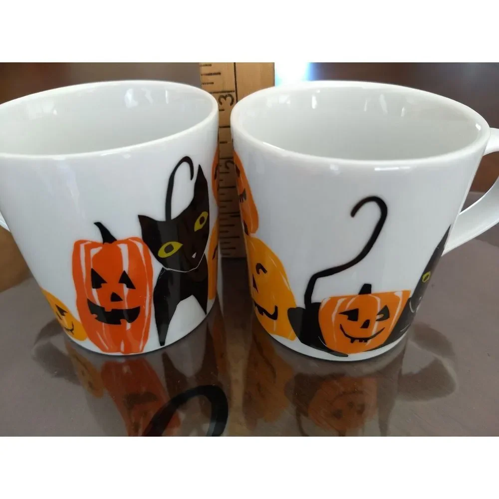HALLOWEEN‎ Crate & Barrel Black Cat Jack-O-Lantern Coffee Mugs Matching Mats 4Pc